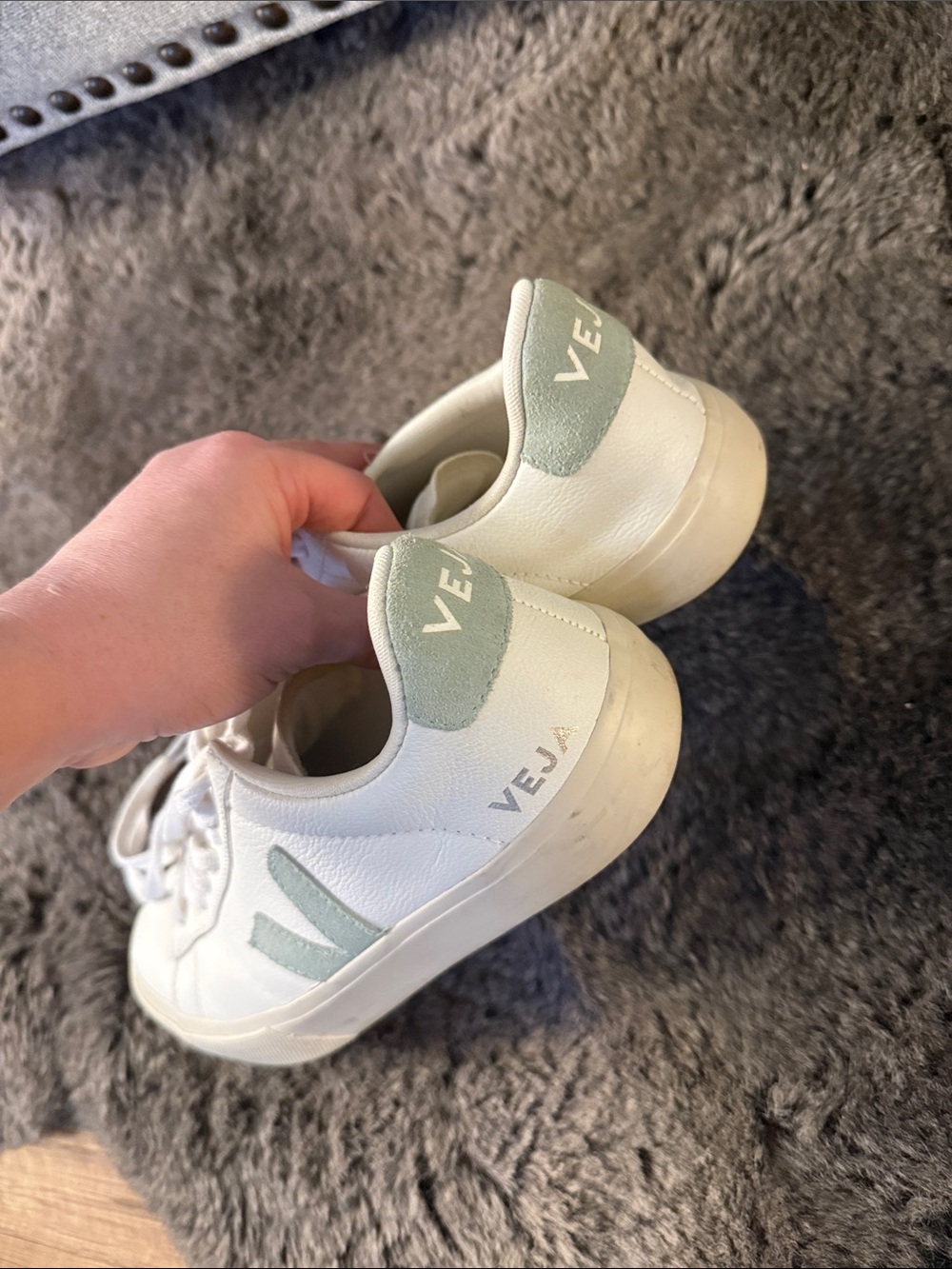 Veja White Leather Sneakers with Pale Mint V Accent - Picture 3 of 6